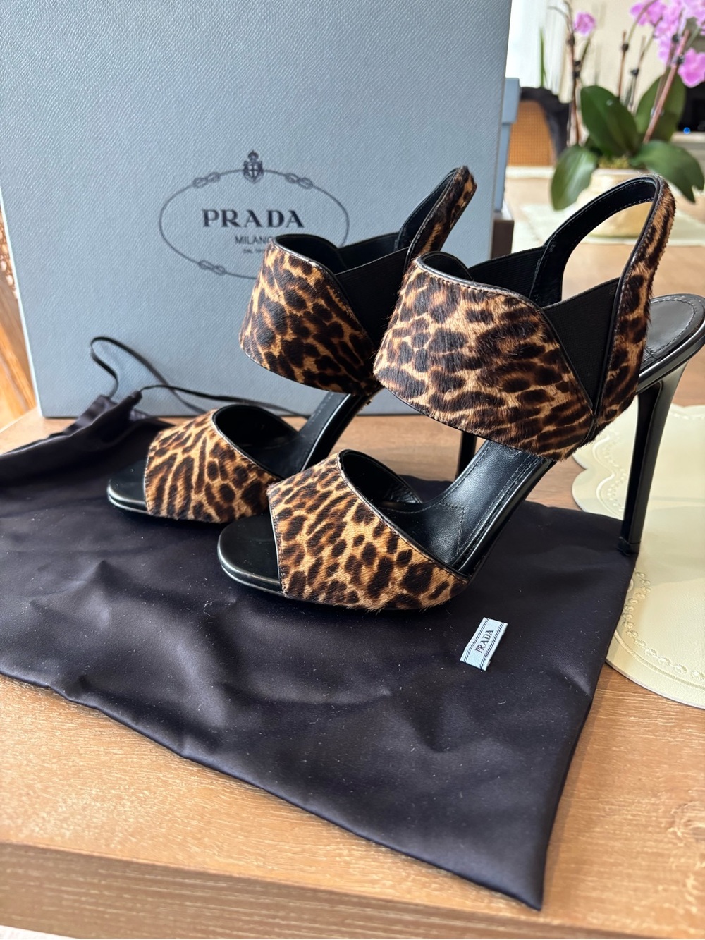 Prada Leopard Print Slingback Stiletto Sandals - Brown/Black